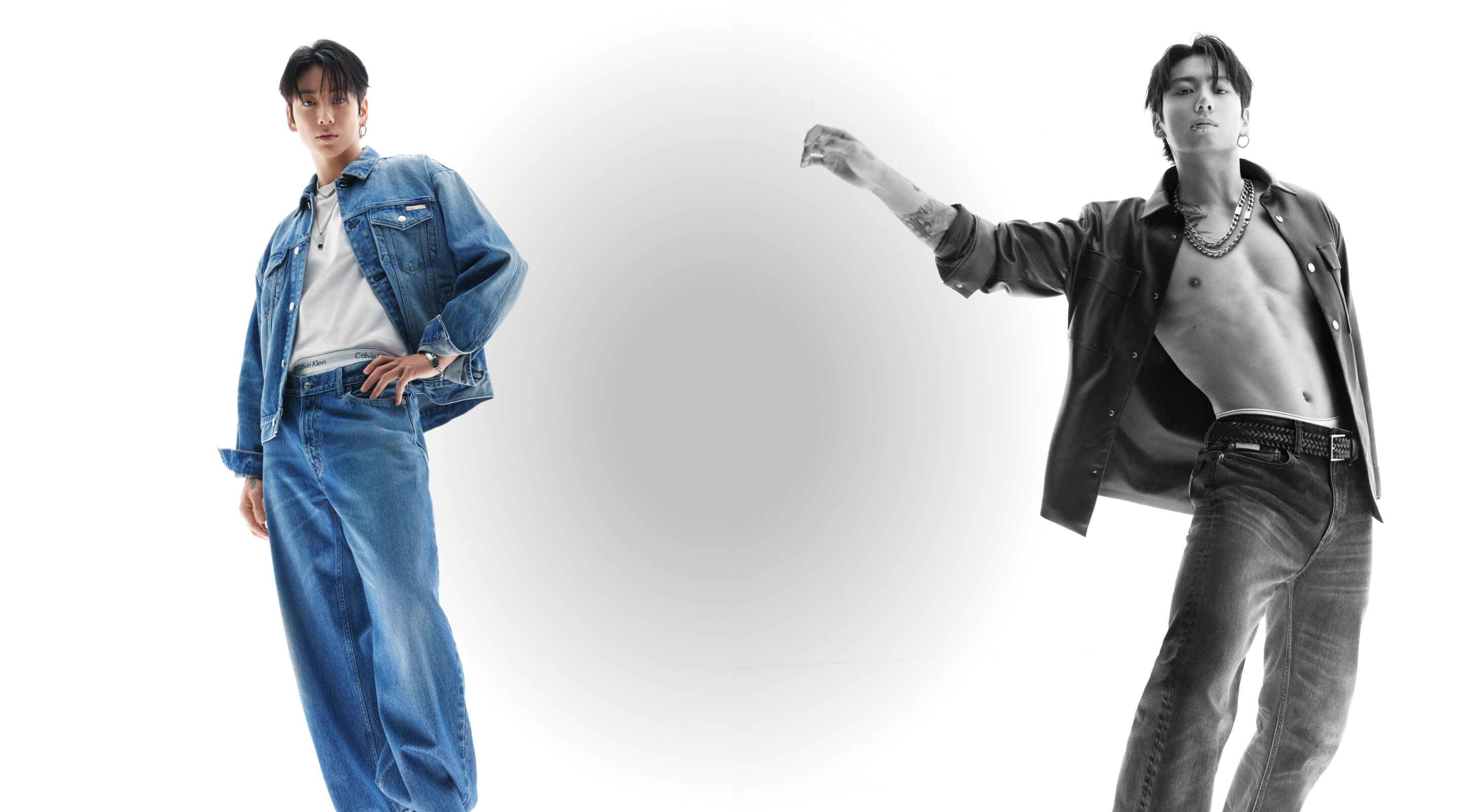 Calvin Klein featuring Jung Kook - Jung Kook 魅力全開 九十年代全牛仔造型，低腰剪裁巧露標誌性腰帶，展現時尚態度。